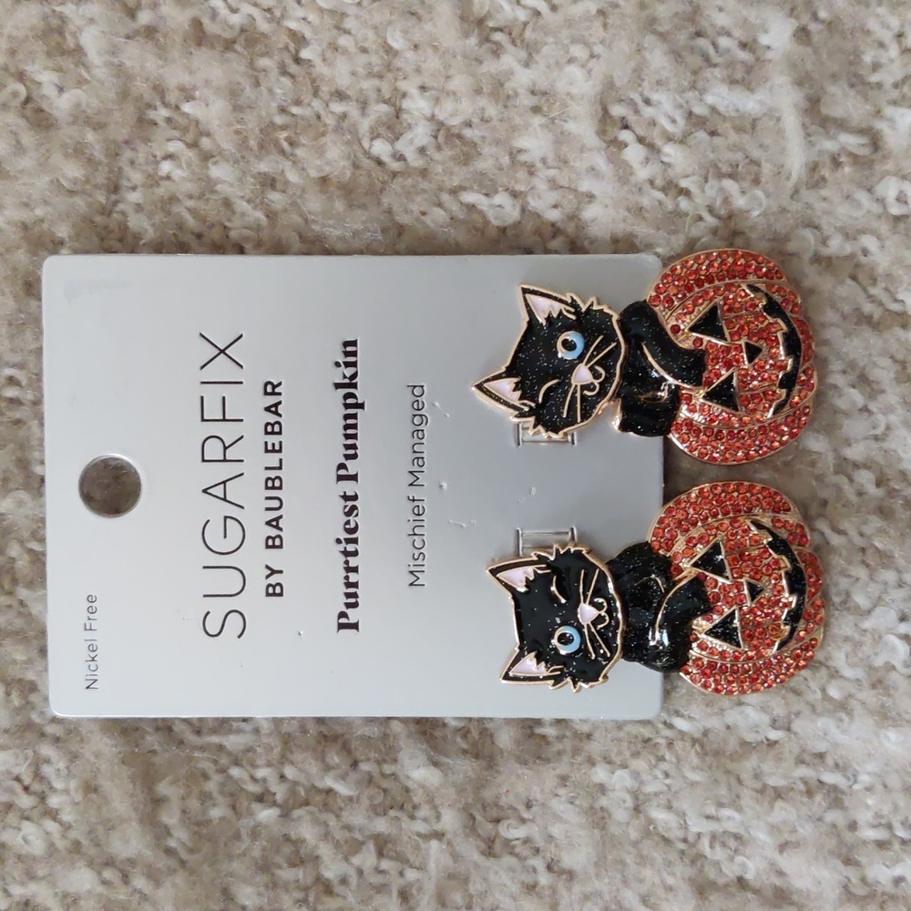 Sugarfix Baublebar Black Cat Purrtiest Pumpkin Halloween Earrings NWT 🎃🐱